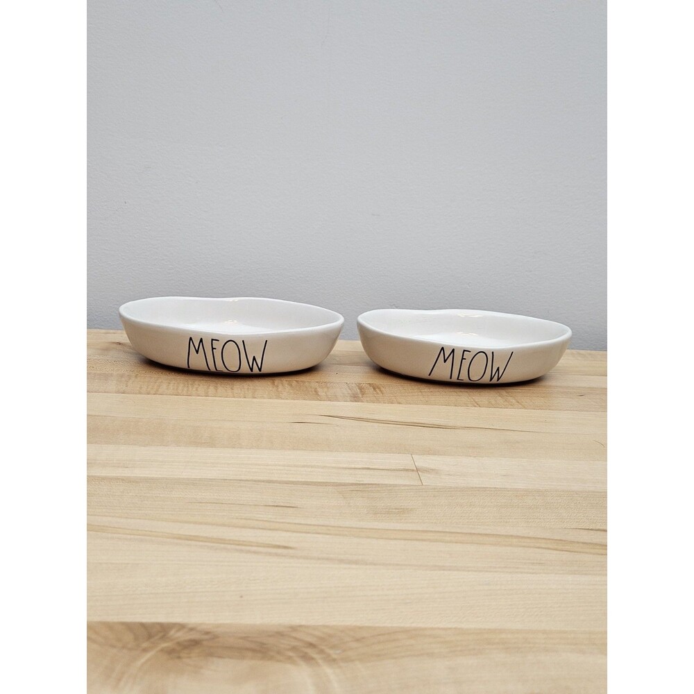 LOT OF 2 Rae Dunn MEOW Cat Bowl Food Water Dish Ivory Magenta Artisan Collection